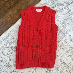 Vintage Donnkenny Button Front Cable Knit Vest Sweater Red Size Small Pockets